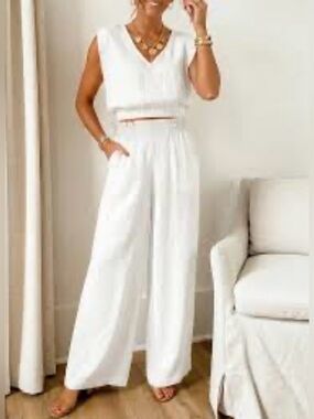 Women's Wide-Leg High-Waist Pants Set - White 100% Cotton